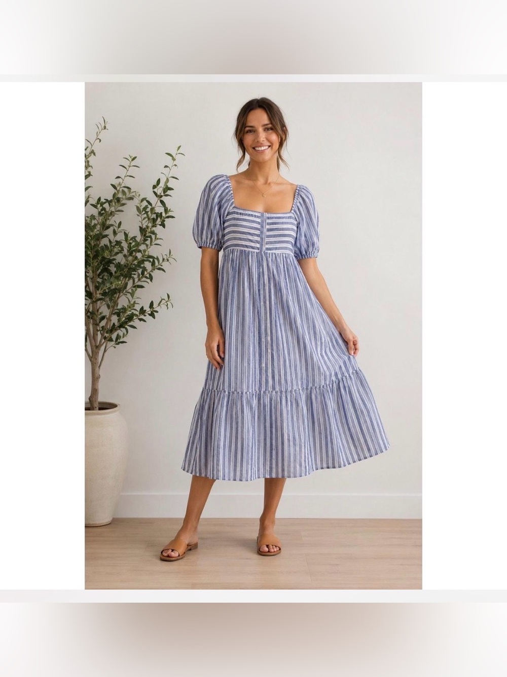 Emerson Fry x Love, Tomas 100% Cotton Smock Striped midi Maxi Dress XS/S